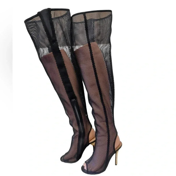 💥HOST PICK💥 Over The Knee Fishnet Peep Toe Metallic Heels Boots Size 5.5 - Picture 4 of 12